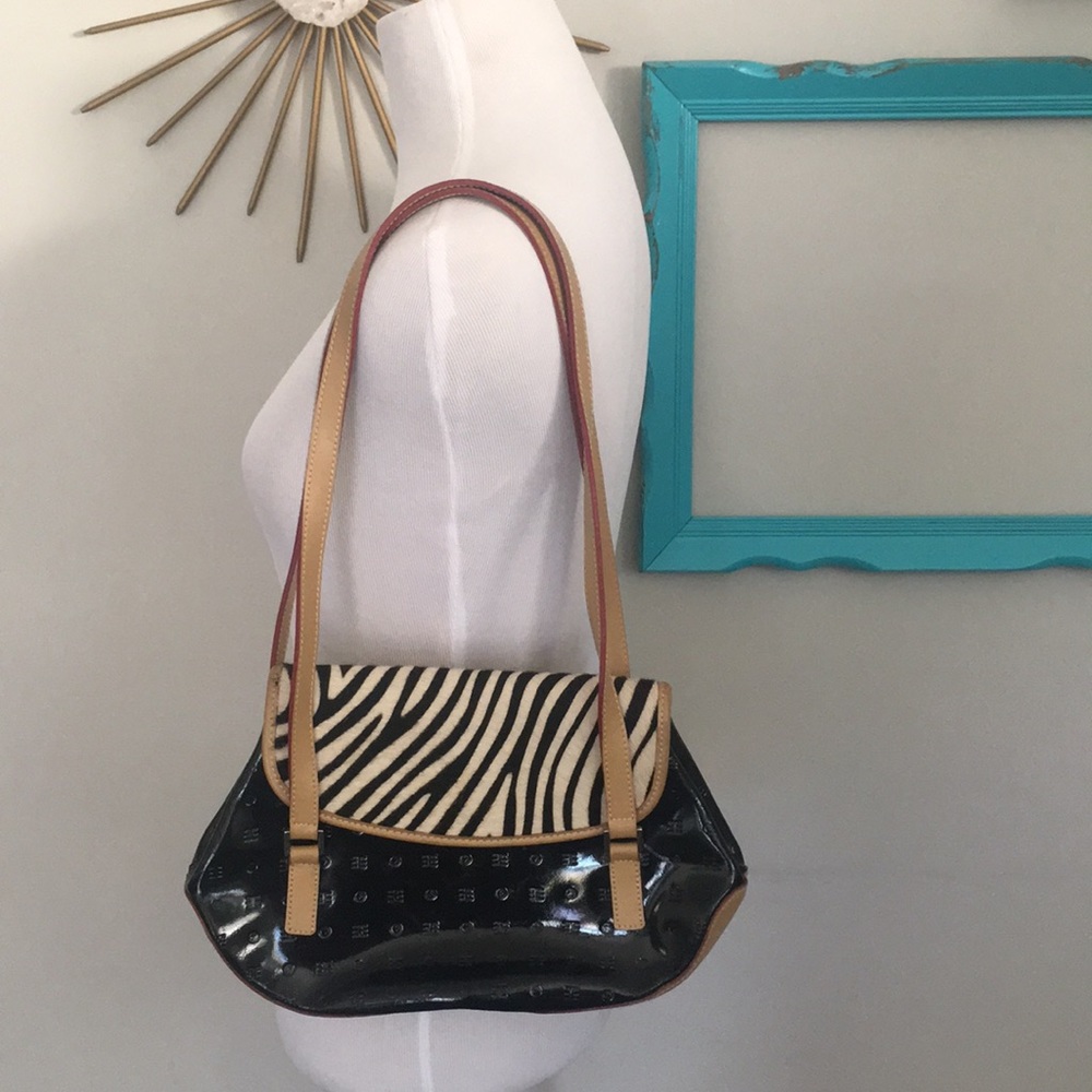 Arcadia patent leather and zebra print purse
